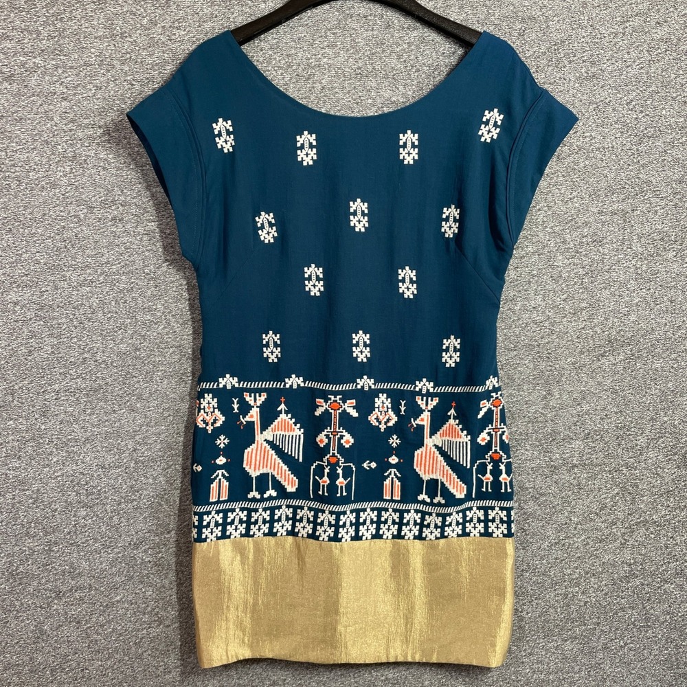 Anthropologie Floreat Dress Size 2 Teal Blue Gold Hem Folk Art Bird Embroidered